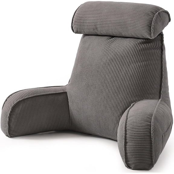 Reading Pillow for Sitting Up in Bed, Sofa & Floor Corduroy Backrest Pillow with Arms, Side Pockets & Washable Cover, Bed Rest Pillow Back Support, Dark Grey