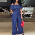 thumbnail image 5 of Fortune Women Denim Off Shoulder Rompers Ruffle Slash Neck Drawstring Jumpsuit, 5 of 9