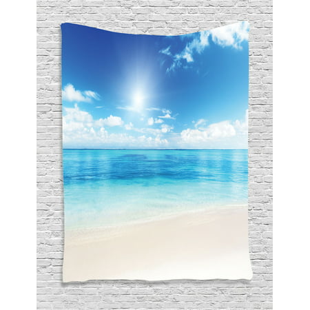 Ocean Decor Wall Hanging Tapestry, Golden Beach View From Caribbean Sea In A Sunny Day Exotic Summer Image Print, Bedroom Living Room Dorm Accessories, By