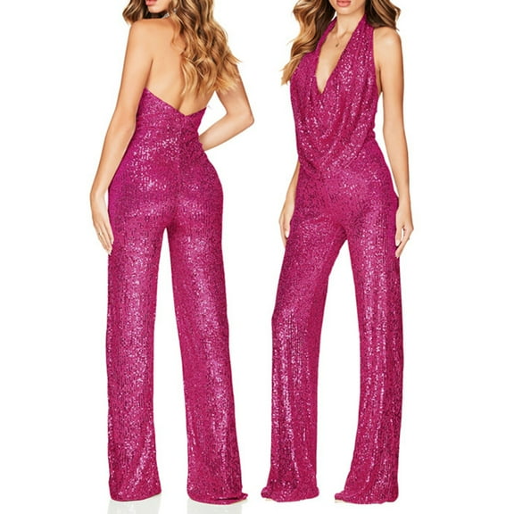 AOOCHASLIY Women Short-sleeved Sequin Solid Casual Jumpsuit
