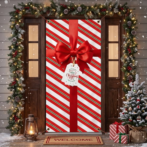 36x72in Red Ribbon Bow Stripe Christmas Door Cover for Front Door Decor