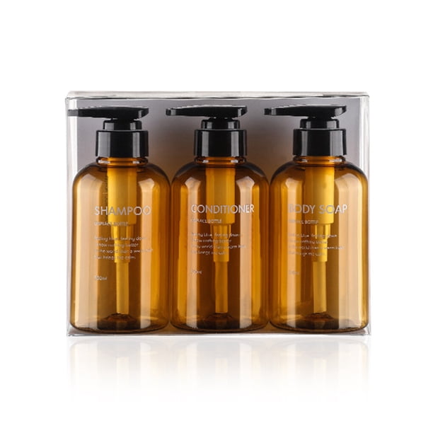 Ounissouiy Paquete de 3 botellas de viaje PET de gran capacidad 300ml Dispensador de gel de presión Contenedor de líquido de corporal Juegos de accesorios de baño Marrón