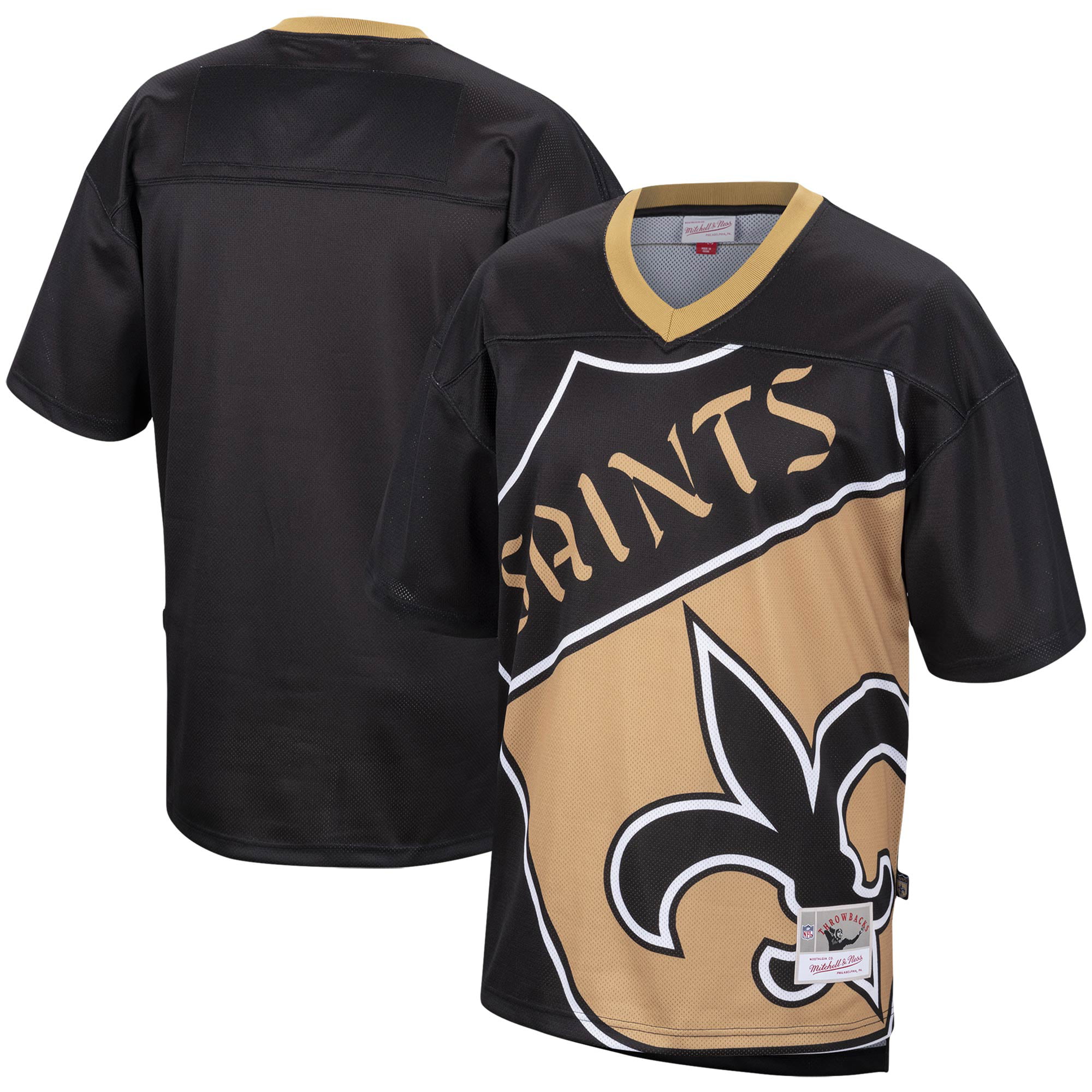 Men's Mitchell & Ness Black New Orleans Saints Big Face Historic Logo  V-Neck T-Shirt