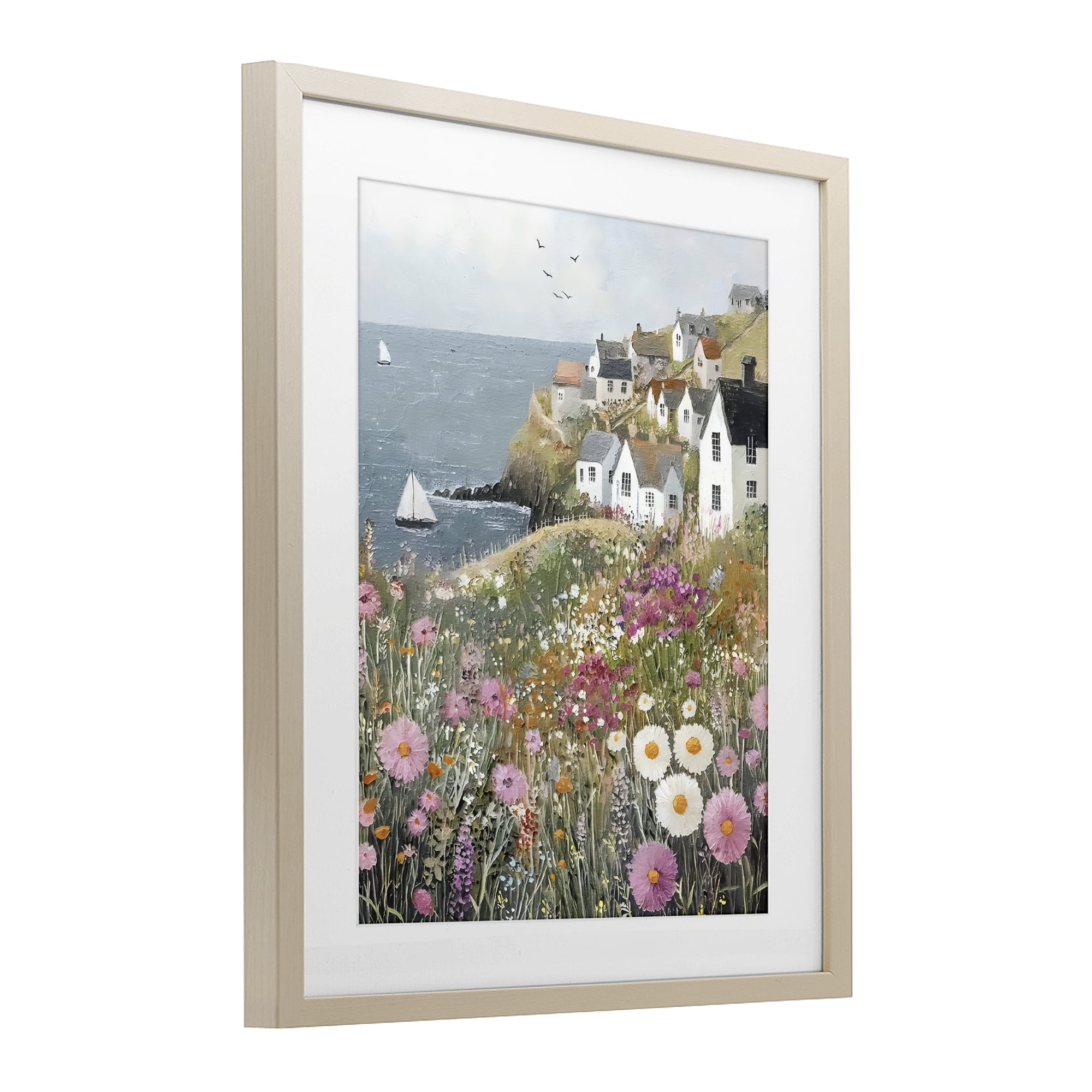 Stupell Industries Pink Meadow Overlooking Sailboats Birch Framed Print Under Glass, design by Riley B