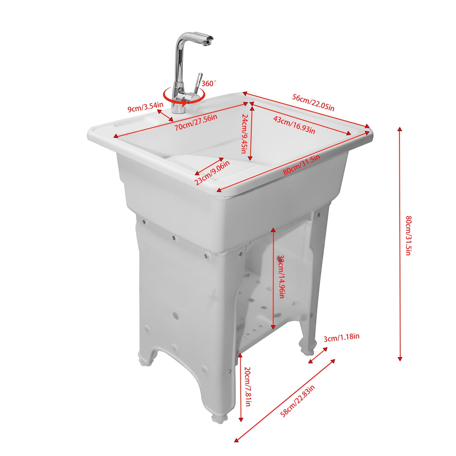Freestanding Plastic Utility Sink Laundry Tub outdoor sink Drop in Deep sink kit with Inlet and Drain Pipe with Hot&Cold Faucet,Basement for Laundry Room&Garage or Shop,Size:31.5*22.05*31.5in(white)