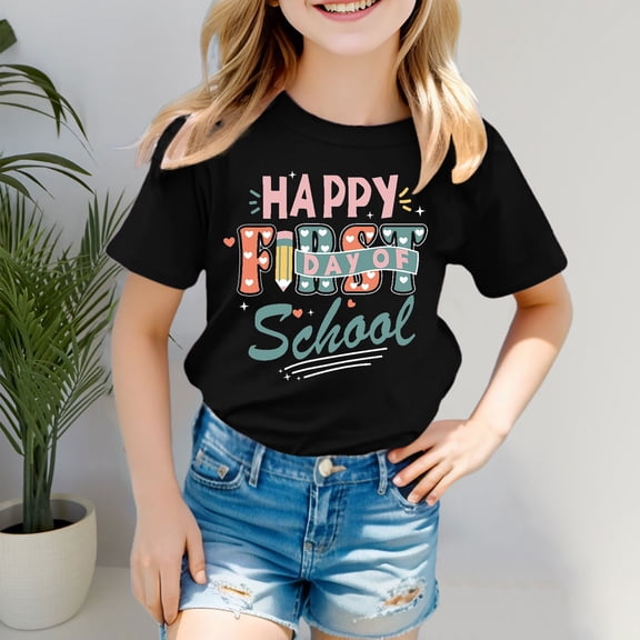 First Day of School Shirts for Girls Back to School Tee Cute Learning Graphic Tops (Black 6-7 Years)