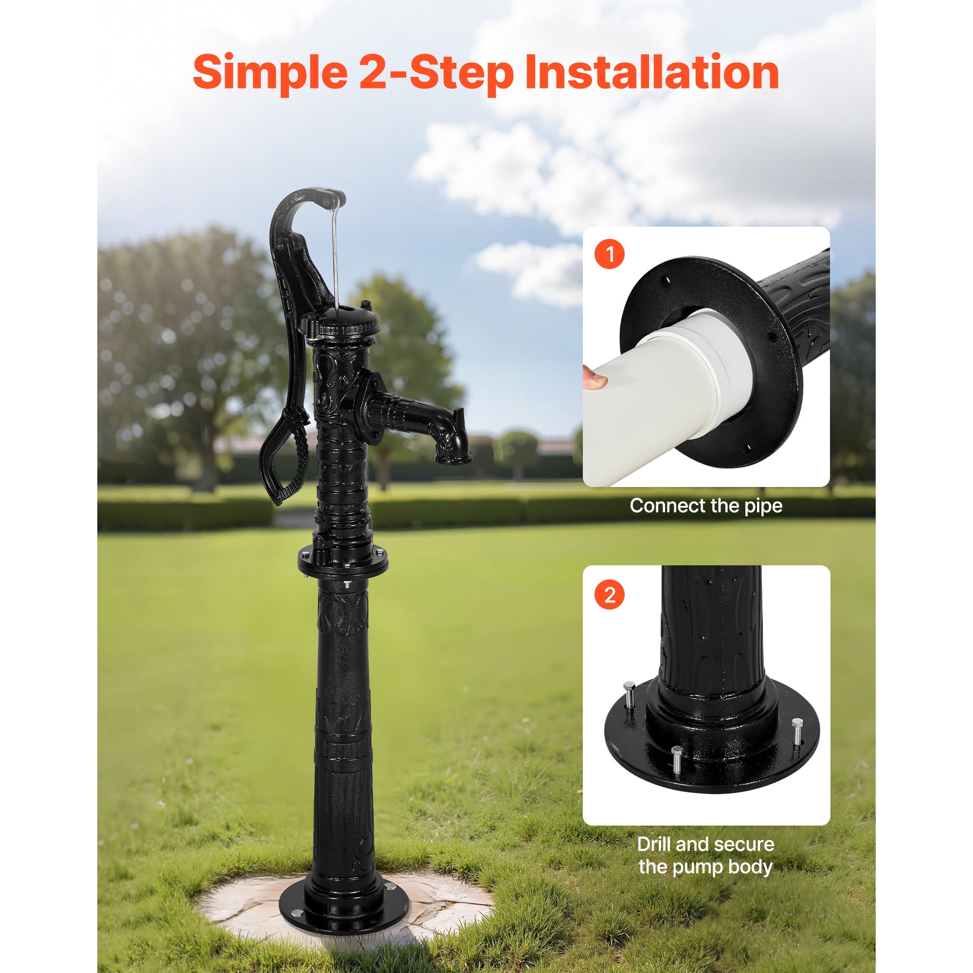 KFFKFF Cast Iron Hand Well Pump  with Base, 20 ft Max Lift, Antique  Manual Water Pump with NPT 1-1/4 in Connection, Decorative Pitcher Pump  for Gardens, Ponds, Yards, and Farms, Black