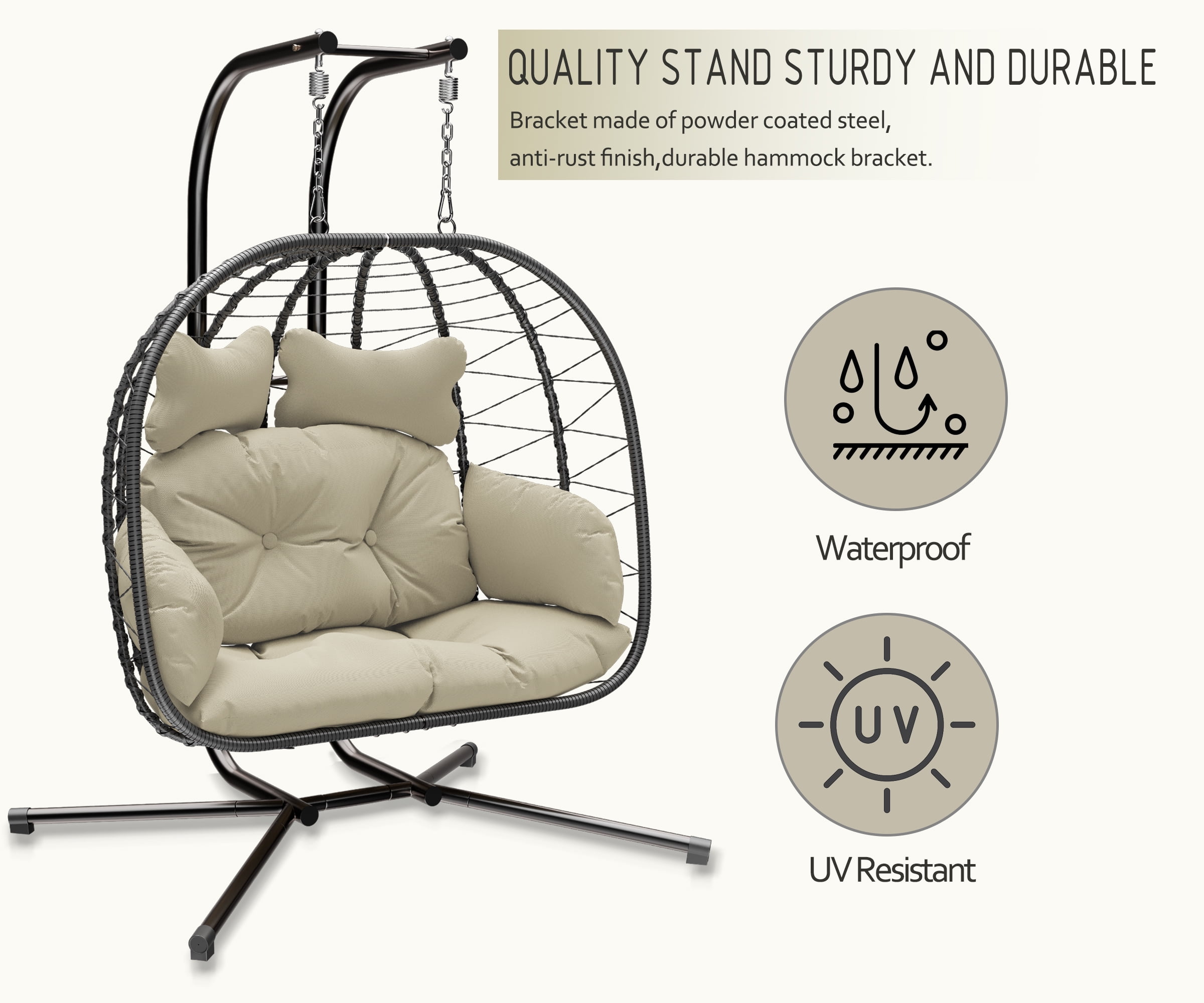LHBcraft Double Wicker Swing Egg Chair Hammock Foldable Hanging Loveseat with Stand, UV Resistant Removable Cushions, 700LBS Capacity for Bedroom, Balcony (Black and Beige)