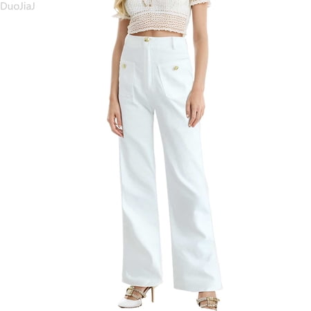 DuoJiaJ Women s New 2026 Loose Wide Leg Large Size Casual Washed Button Micro Horn Jeans Women s Casual Pants Women s Wide Leg Pants White S
