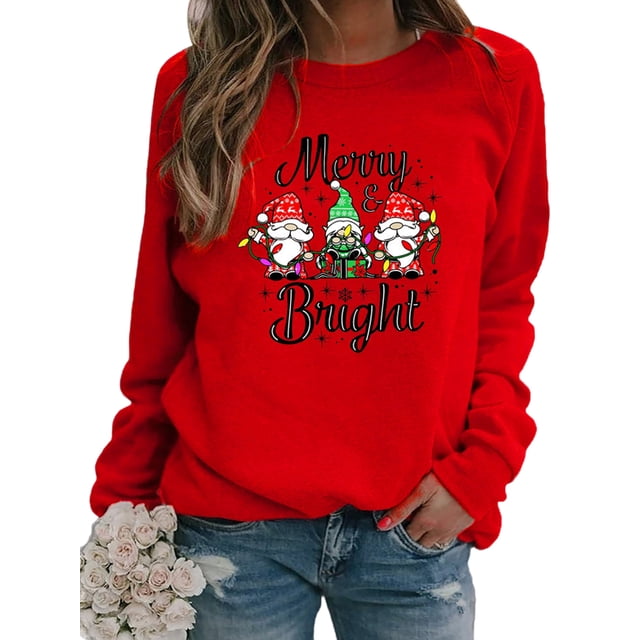 Fashnice Hauts pour Femmes Imprimé Père Noël Chandail Col Rond Chandail en Molleton de Noël T-shirt d'Automne Rouge G