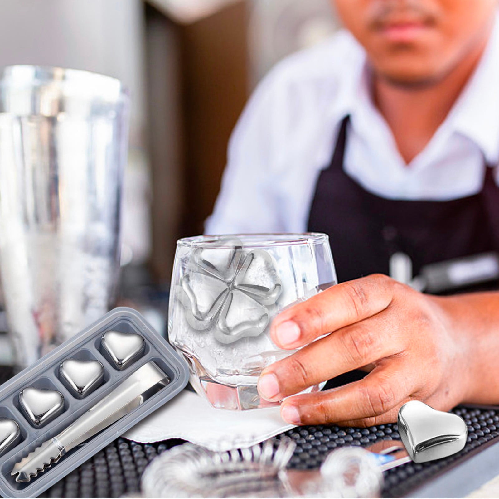 For Home Bar, Heart Shaped Stainless Steel Reusable Ice Trays Stones for and Unique Ice Cubes for Drinks Beverage Enhancers