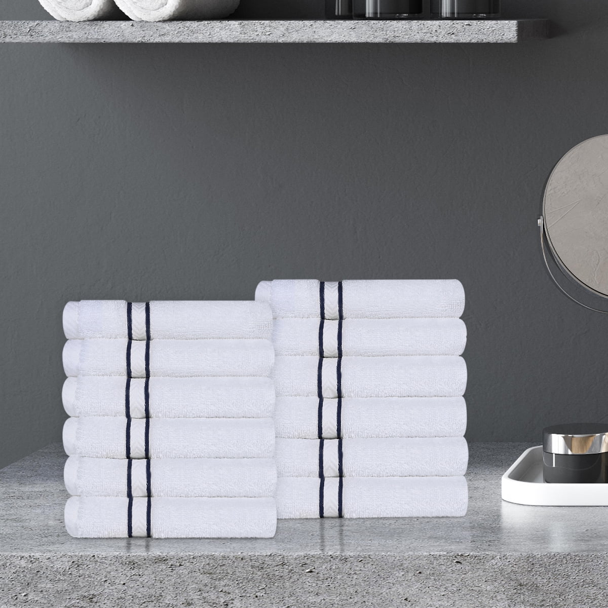 Superior Turkish Cotton 12-Piece Navy Blue Washcloth/Face Towel Set
