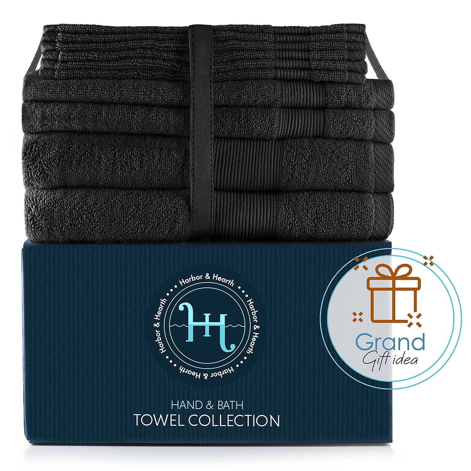 Hearth & Harbor Bath Towel Collection, 100% Cotton Luxury Soft Set of 2 Bath Towels, 2 Hand Towels & 6 Washcloths - Black