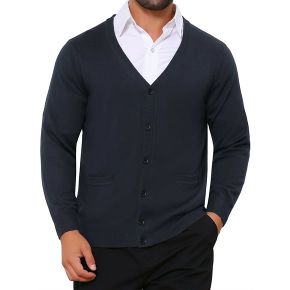 SUÉTER DE PUNTO CON BOTONES DE MANGA LARGA EN V PARA HOMBRES INSPIRE CHIC CON BOLSILLOS TAMAÑO S AZUL MARINO