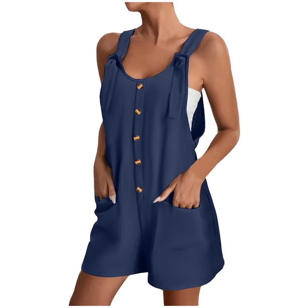 Mono corto de verano informal con botones para mujer - Poliéster, sin mangas, pantalón corto ancho - S-XXL