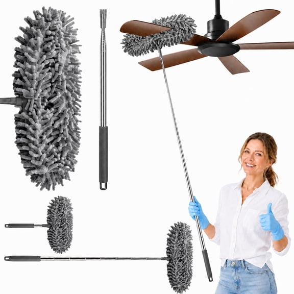 Ceiling Fan Cleaner Duster, 14.4 to 63 Inch Telescopic Microfiber Duster with Washable Non-Scratch Chenille Head for Fan Blades and Bookshelves, Gray