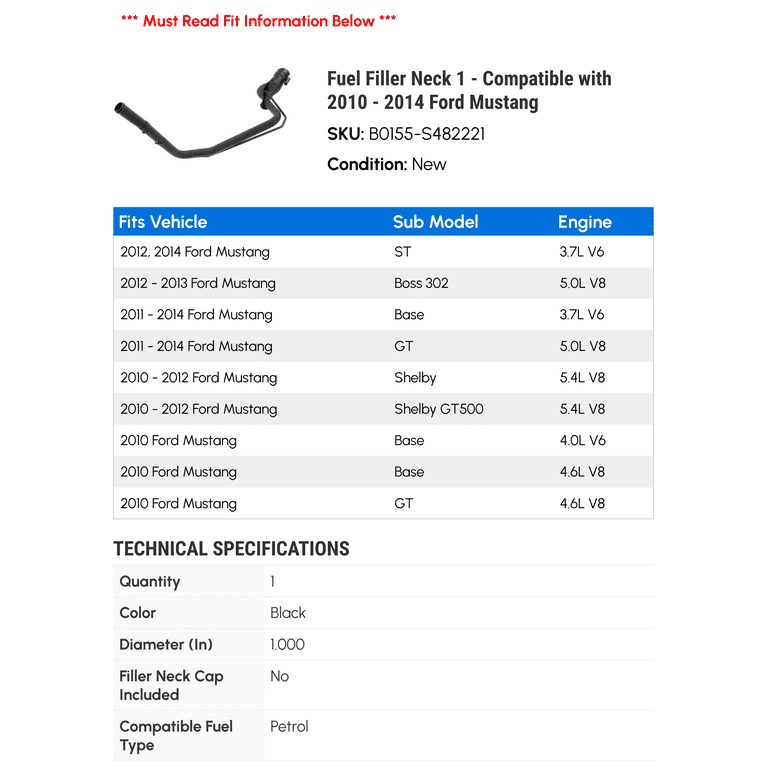 Fuel Filler Neck Replacement For 2010-2014 Ford Mustang (Fits 3.7L, 4.0L, 4.6L, 5.0L, 5.4L V6/V8)