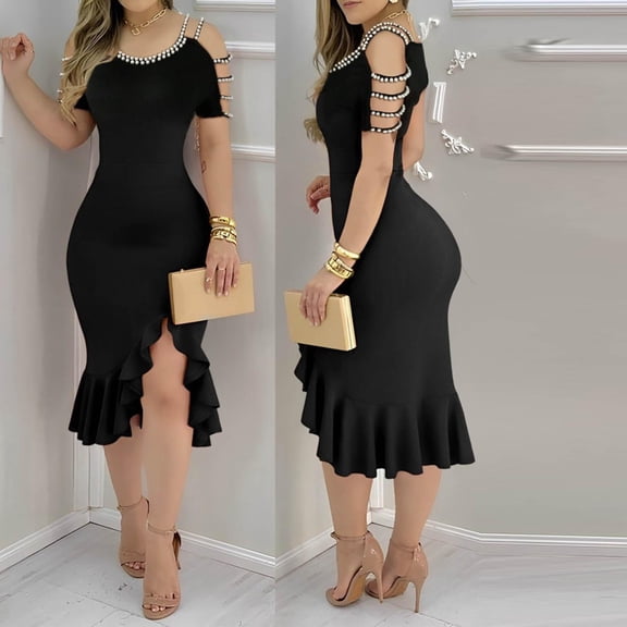 Summer Fashion Plus Size Dresses for Women Casual Sexy Bottom Slit BacklesOff Shoulder Solid Short Sleeve Buttockes