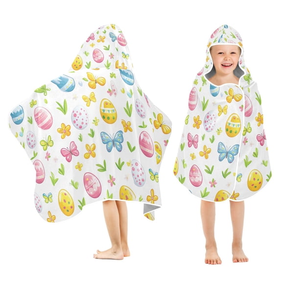 Yayeee Kids Hooded Towel with Hand Pockets Beach Soft Absorbent Bath Wrap 50 x 23.5 inch, Colorful Easter Eggs
