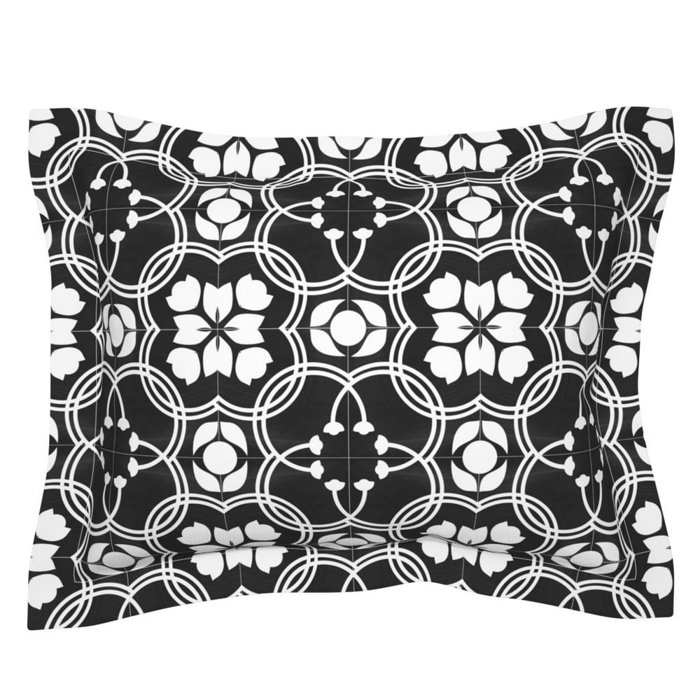Spanish Tiles Black White Tile And Floral Pillow Sham by Roostery