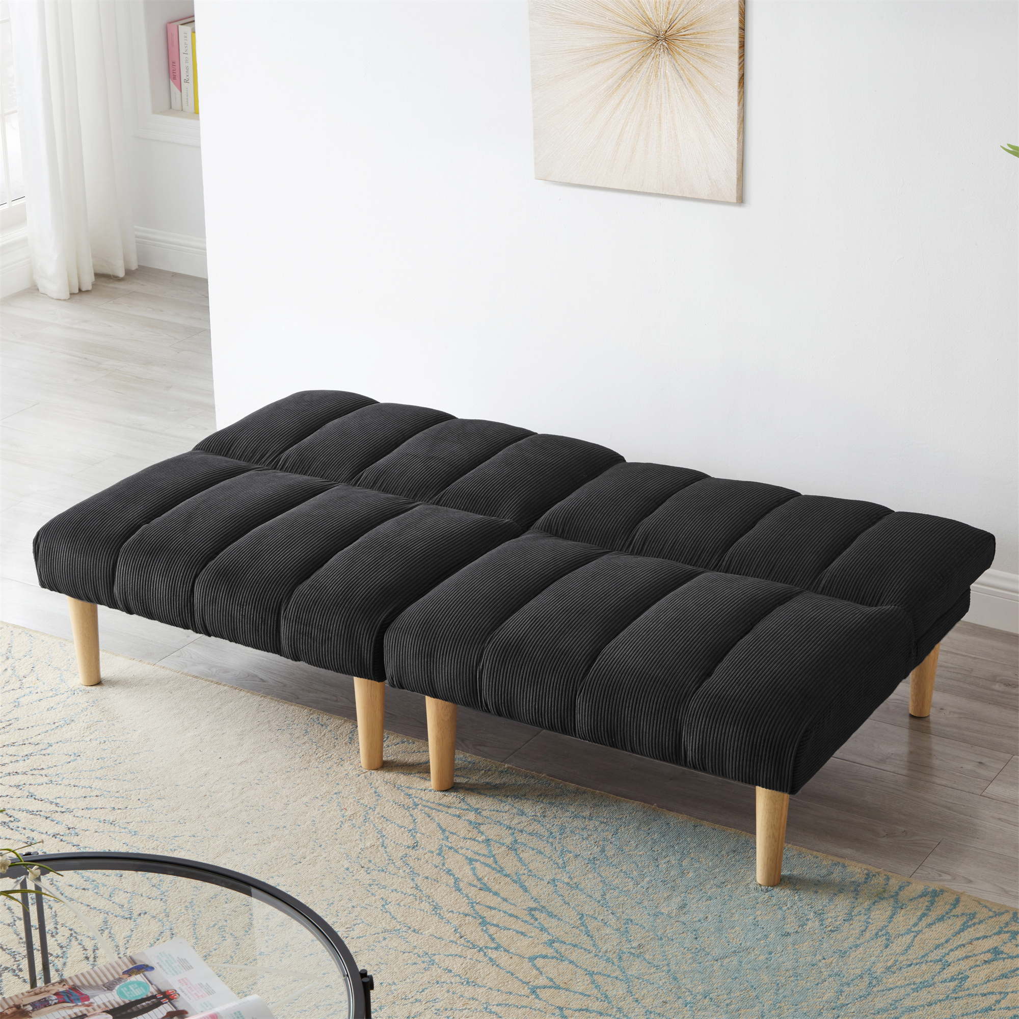 Aukfa Upholstered Futon Convertible Sofa Bed 8 Legs Futon Couch, Corduroy, Black
