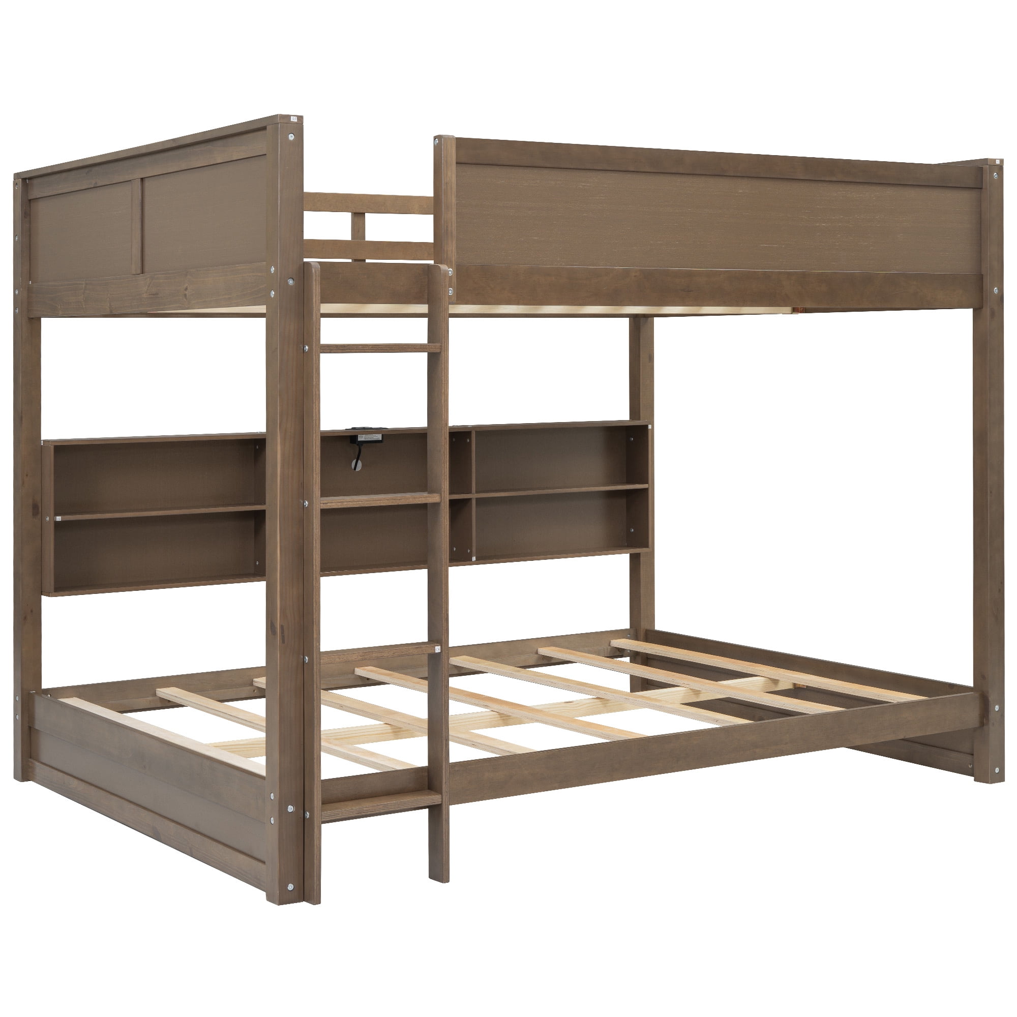 Euroco Wood Queen over Queen Bunk Bed with Bookcase, Shelves and USB Charging Station, Antique Wood