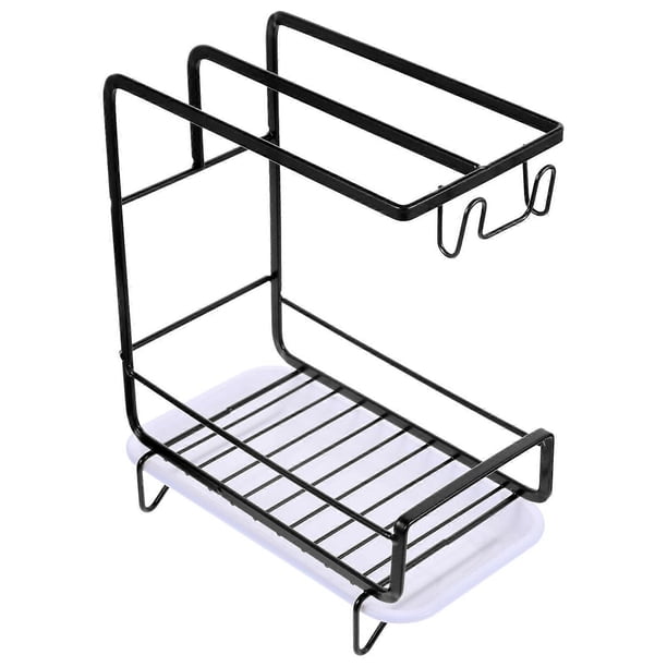 Black Kitchen Draining Rack with Water Tray for Sponge and Dishcloth Holder Made of Carbon Steel and PP