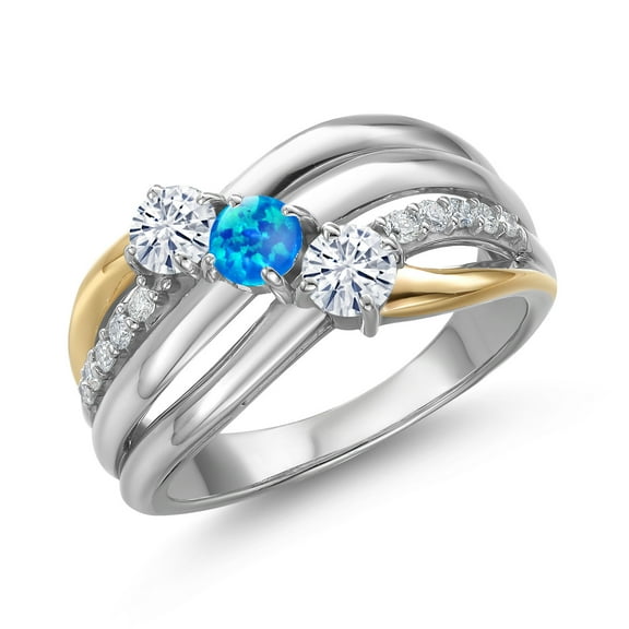 Gem Stone King 925 Silver and 10K Yellow Gold Moissanite and Simulated Blue Opal and Lab Grown Diamond Engagement Ring for Women | 0.86 Cttw | Round 4MM | Birthstone | Size 6