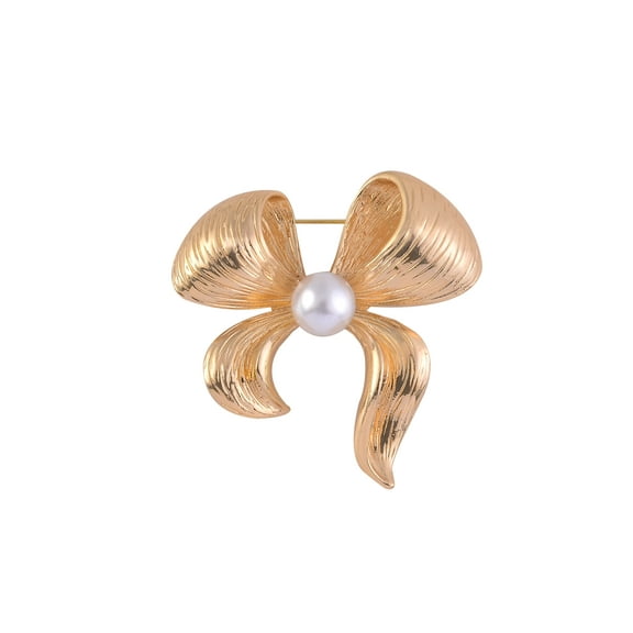 Time and Tru Women's Wavy Textured Bow with Acrylic Pearl Goldtone Pin