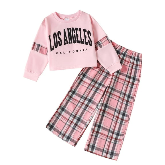 Kucnuzki 6T Little Girl Outfit Set 7T Kid Girls Winter Clothes Long Sleeves Letter Print Pullover Top Plaid Pants Sets 2pcs Warm Clothing Pink