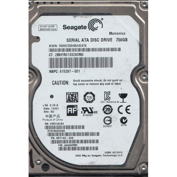 ST9750420AS, 6WS, SU, PN 9RT14G-020, FW 0003HPM1, Seagate 750GB SATA 2.5 Hard Drive