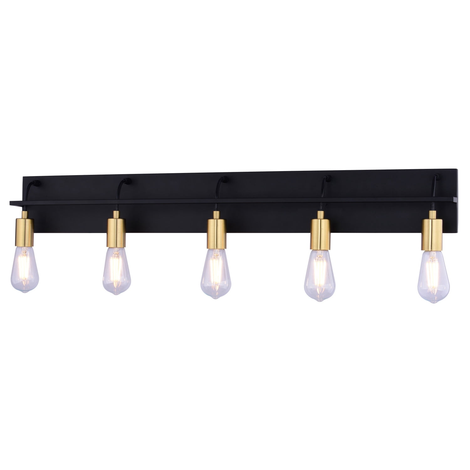 Seward Park 5 Light Black and Satin Gold Brass Industrial Bathroom Vanity Fixture with Full Backplate