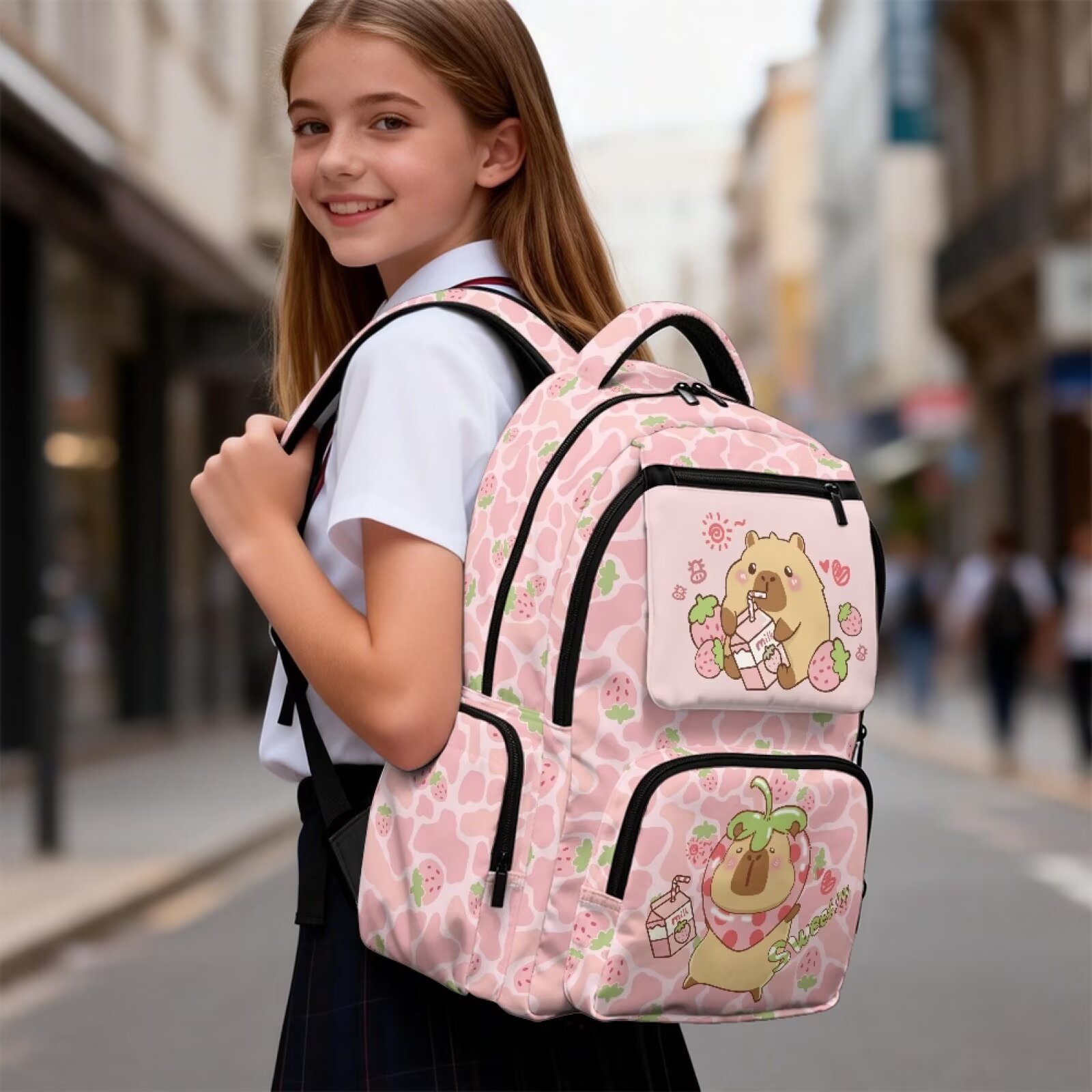 Mochila KUIFORTI Capybara Fresa para Niñas de Primaria y Secundaria, Ligera con Bolsillos Laterales, Mochila Escolar para Estudiantes 3