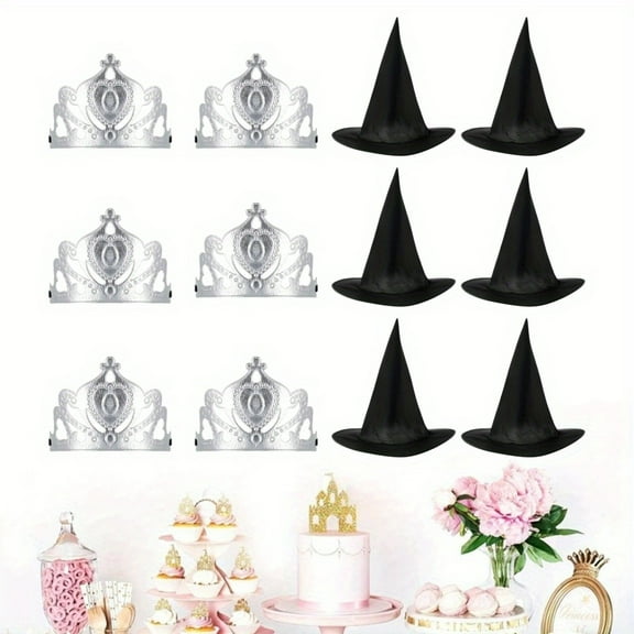 12 Pcs Halloween Witch Hat and Princess Crown Set, Queen Crown and Wizard Hat for Pink Green Birthday Party Decoration