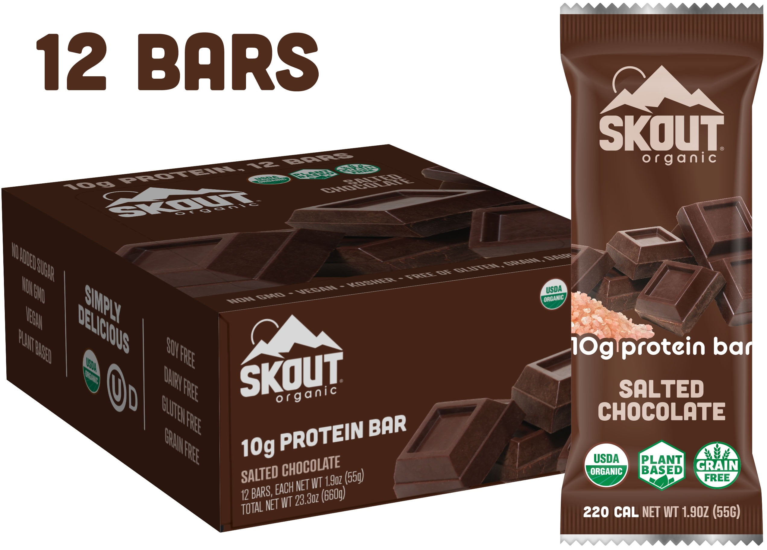 Skout Organic Protein Bars, Salted Chocolate, 12 bars, 10g Protein, 1.9oz each