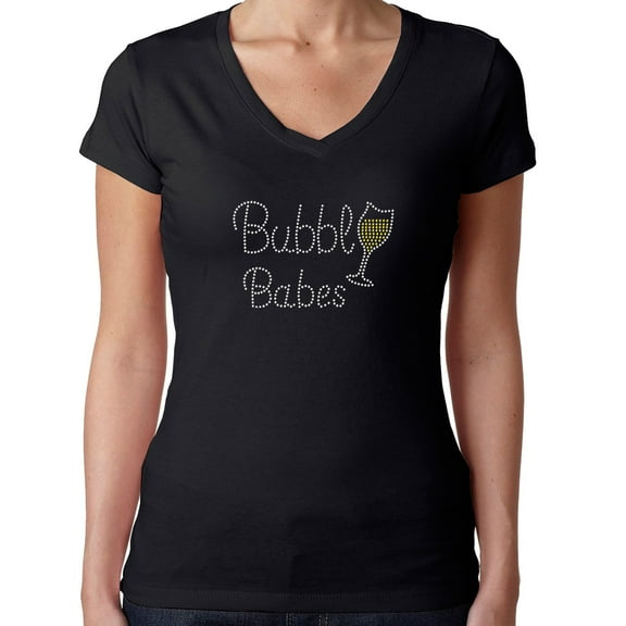 Womens T-Shirt Rhinestone Bling Black Tee Bubbly Babes Drink Glass V-Neck Medium