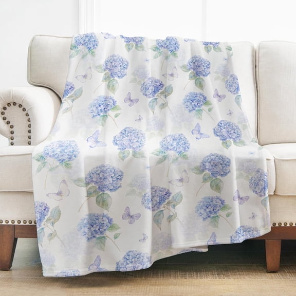 Freedom Hydrangea Floral Throw Blanket Gifts for Women, Blue Floral Hydrangea Blanket for Bedroom, Camping, Couch, Room Decor, Soft Cozy Flannel Gifts 50"x60"
