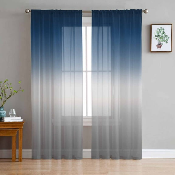Navy Blue Gray Ombre Sheer Curtains 63 Inches Length 2 Panels Set, Window Sheer Curtains for Living Room/Bedroom, Modern Gradient Abstract Art Light Filtering Rod Pocket Curtain 52'' x 63'' x 2