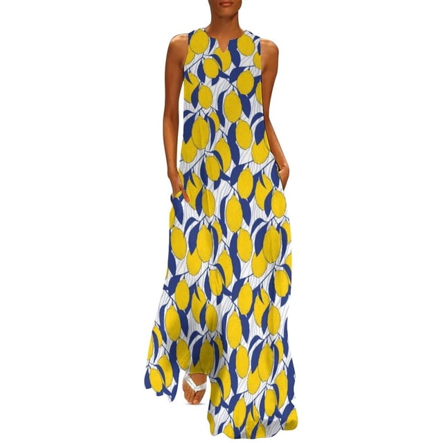 Robe Citron Aquarelle Été Rayures Bleues et Blanches Mode Coréenne Bohemia Longues Robes Design Moderne Maxi Grande Taille