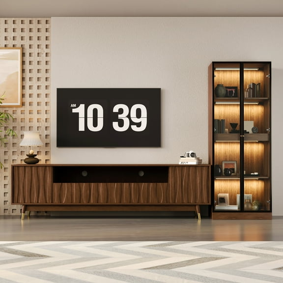 79" Mid-Century Modern TV Stand and Glass Display Cabinet Set Entertainment Center with Curio Cabinet Combo TV Console with  2 Drawers and Storage LED Light China Cabinet for Living Room (Walnut)
