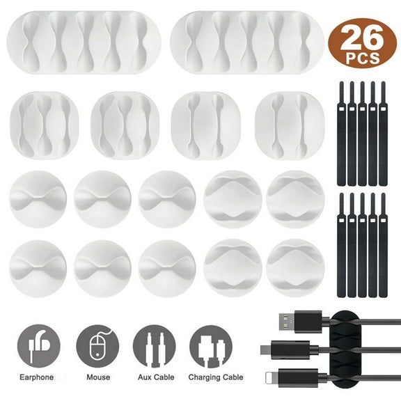 26 Pack Cable Clips,Cord Organizer Holder Adhesive Cord Management Charger Wire Holder Clips for Desk, Home, Office, Car, Cubicle, Nightstand,Self-Gripping Cable Ties,white