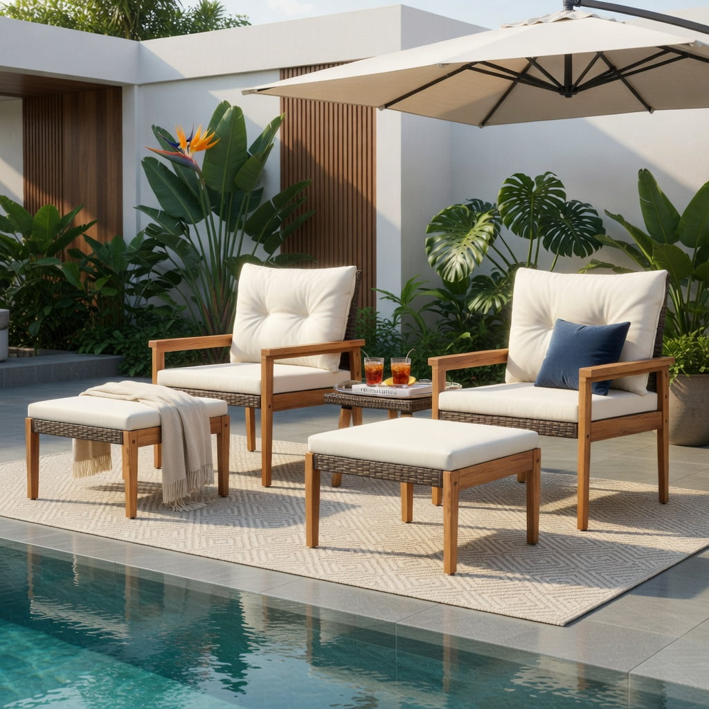 Hommoo 5-Piece PE Rattan Outdoor Furniture Set with Square Coffee Table & Matching Ottomans, Acacia Wood Frame, Weather-Resistant Wicker Patio Set for Backyard, Poolside & Porch, White