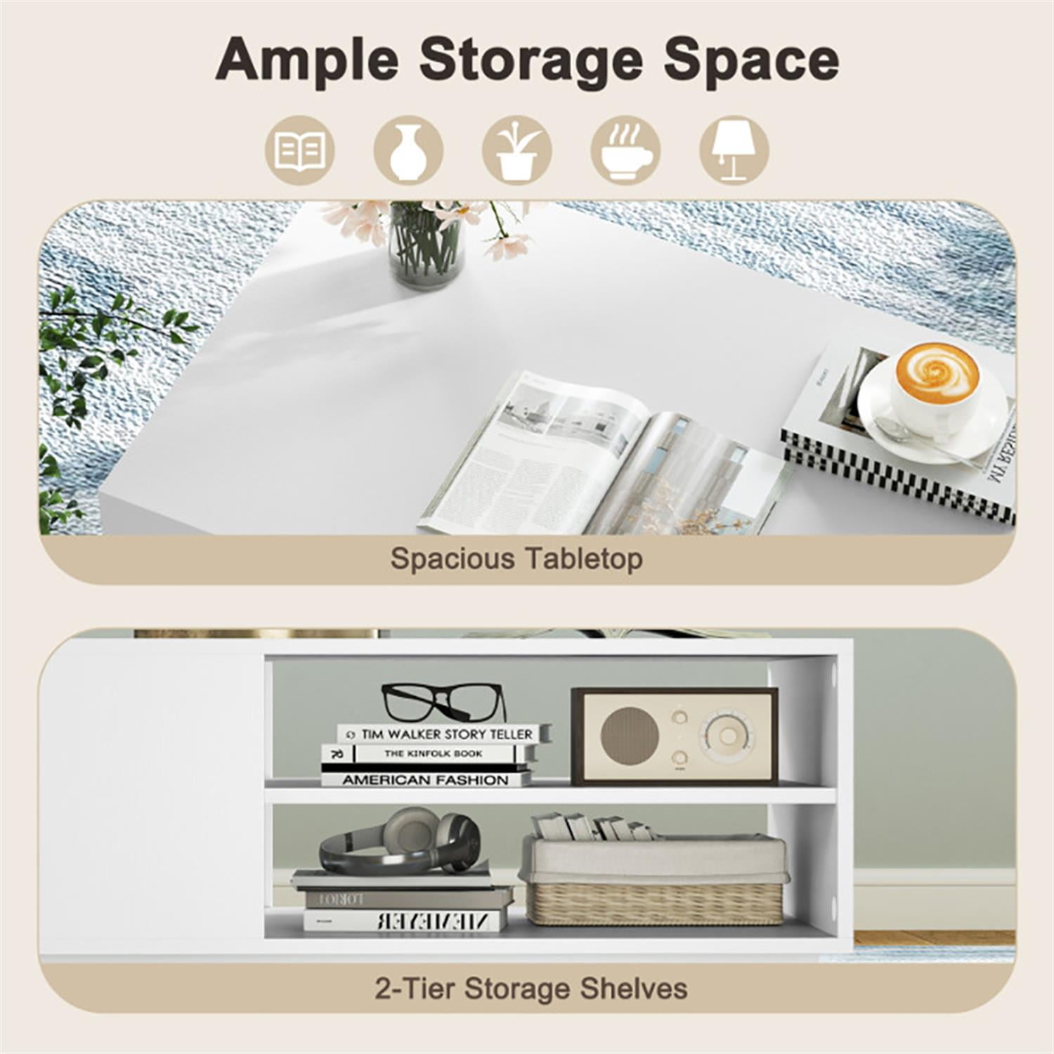 Demi Bonn Modern Coffee Table, Dining Center Tables with 2-Tier Open Storage Shelves for Living Room, Bedroom, Office and Balcony, White