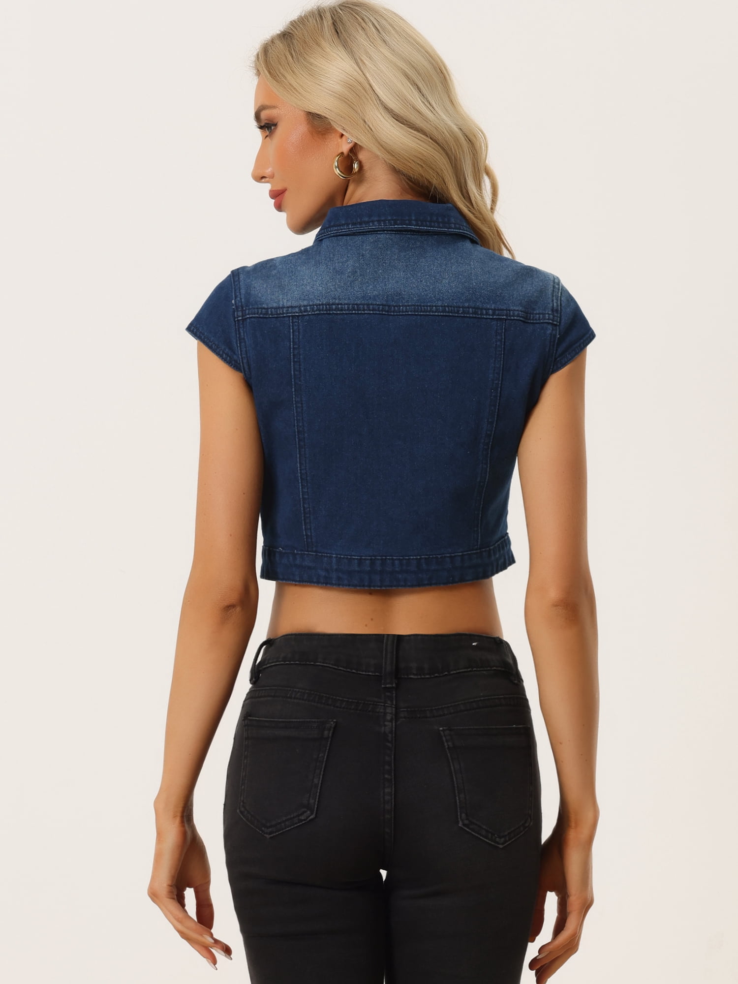 DARING DIVA Women's Cap Short Sleeve Cropped Denim Jacket L Dark Blue