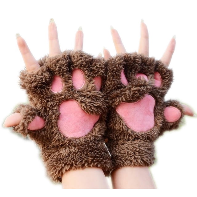 2 guantes dobles con garra de gato, guantes con dedos abiertos de dibujos animados lindos en invierno, guantes gruesos de medio dedo con pata de oso (color café) Sincero Electrónica