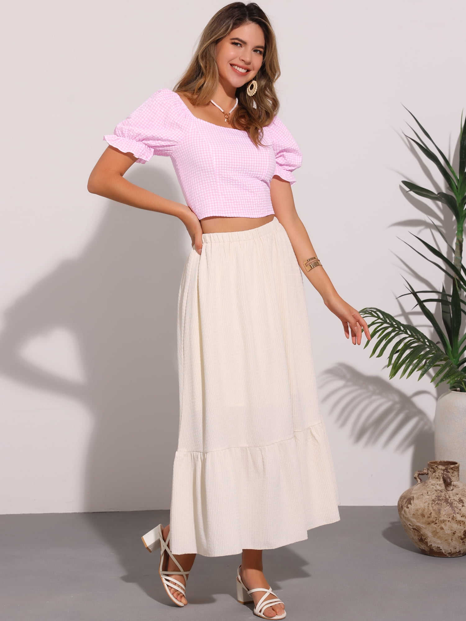 DARING DIVA Women's Smocked Crop Bubble Sleeve Peasant Gingham Tops XL Light Pink