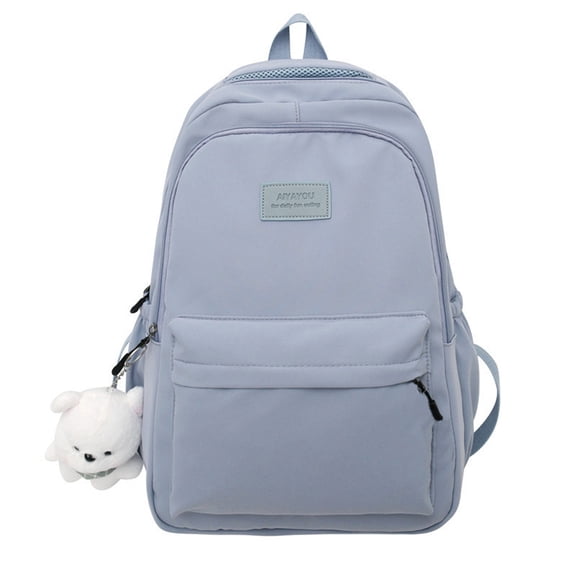 Cute Solid Color Backpack With Plush Bear Pendant Lightweight Waterproof Multi Pocket Casual Back To School Bookbag For Teen Travel