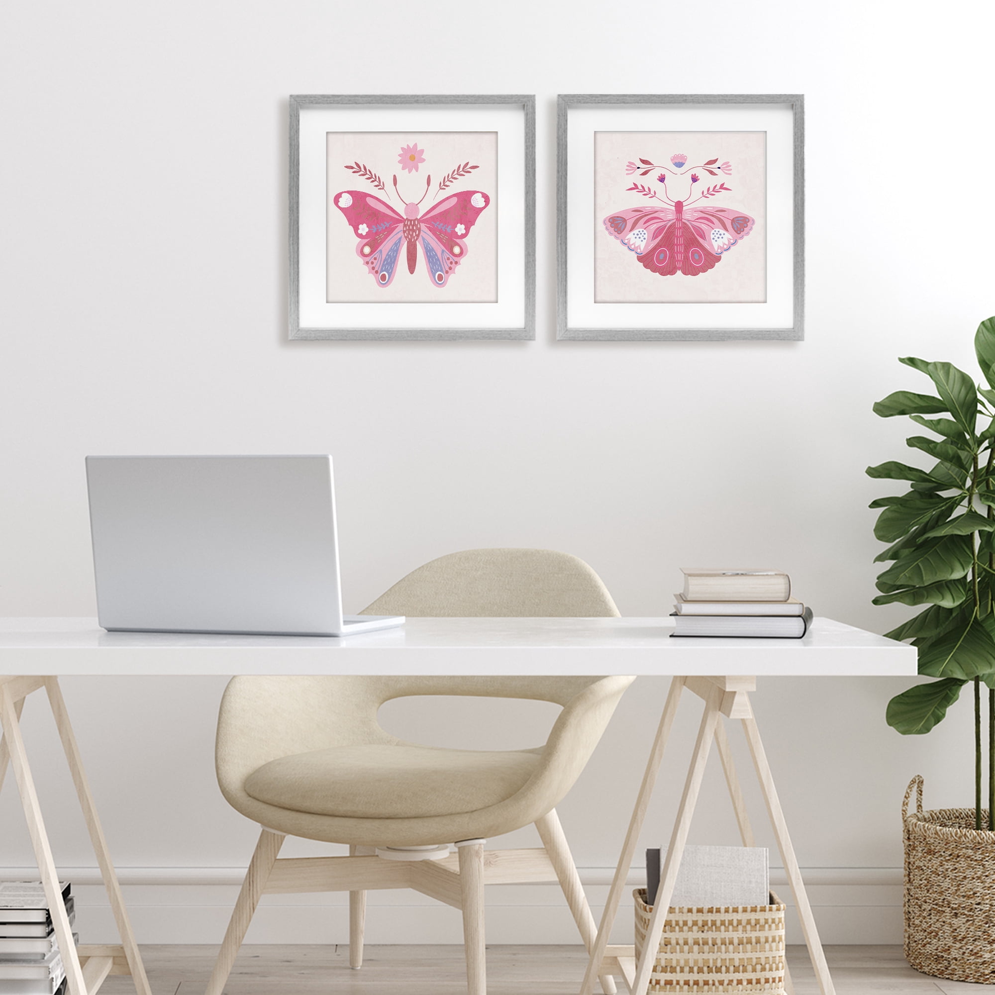Stupell Industries Pink Folk Butterflies 2 Piece Gray Framed Print Under Glass Set, design by Kim Allen