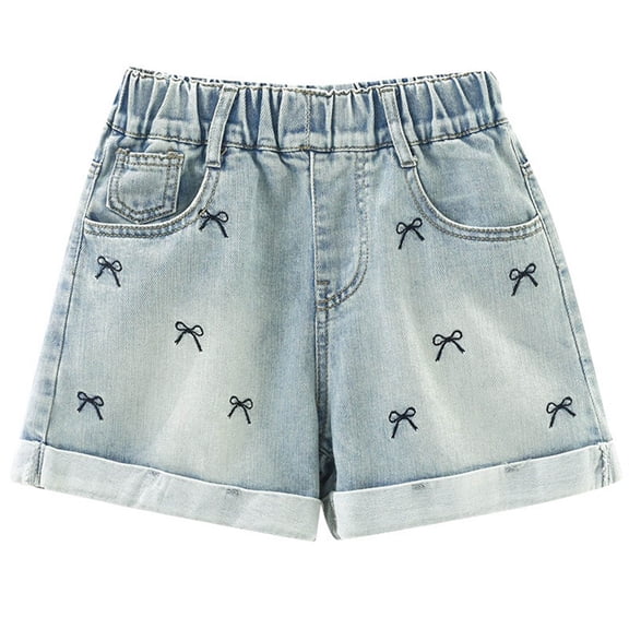 Denim Shorts Girls 7-8 Girl's Ripped Raw Hem Elastic Waist Straight Leg Denim Shorts with Pockets
