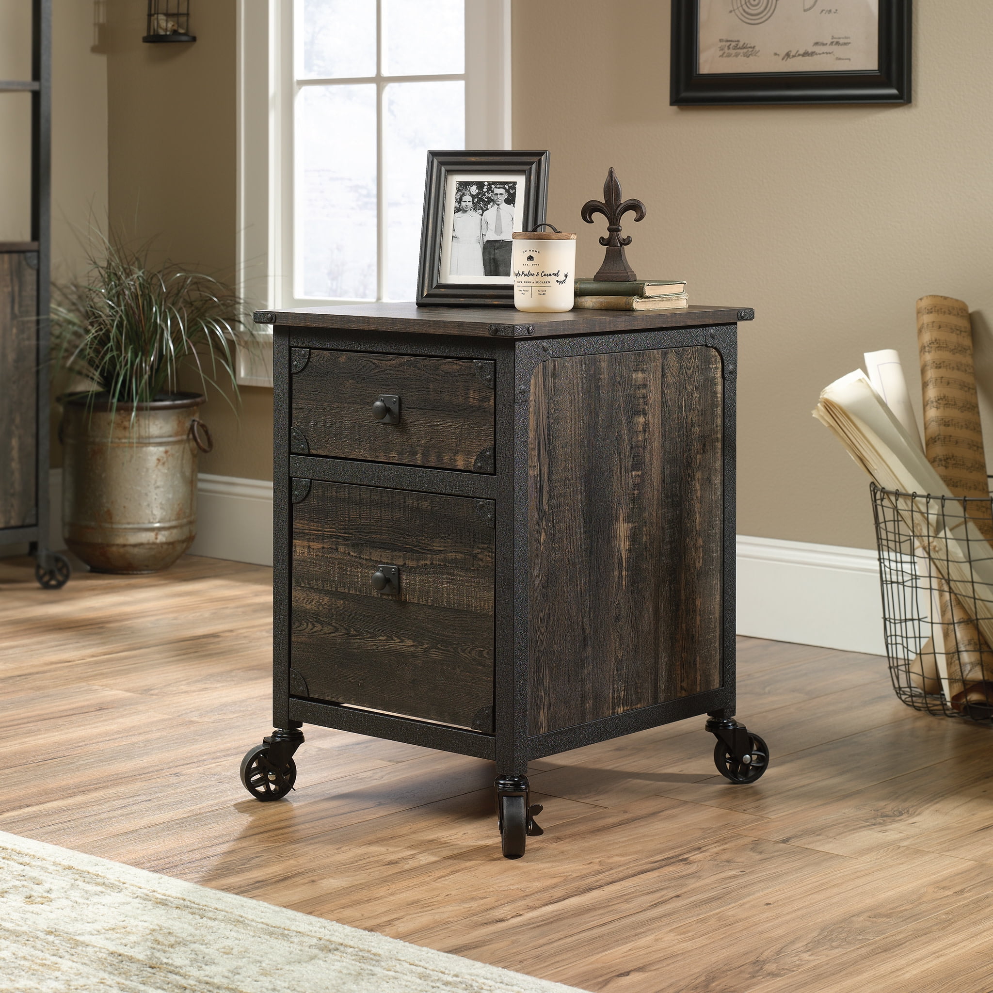 Sauder Steel River 2-Drawer Mobile File Cabinet, Carbon Oak Finish